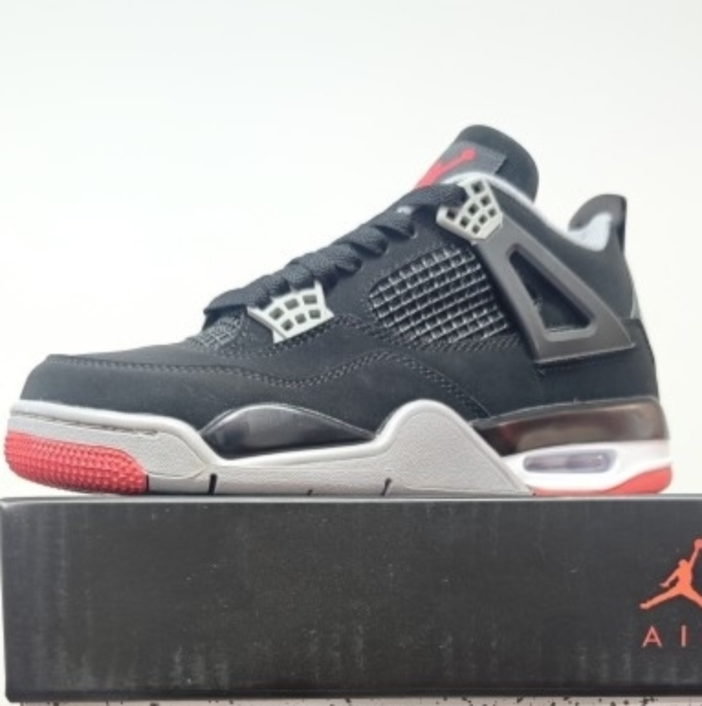 New With Box Men's Air Jordan 4 Bred (Black Fire Red Cement Grey)